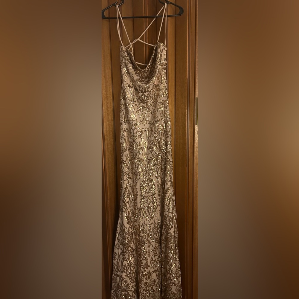Gold patterned prom dress